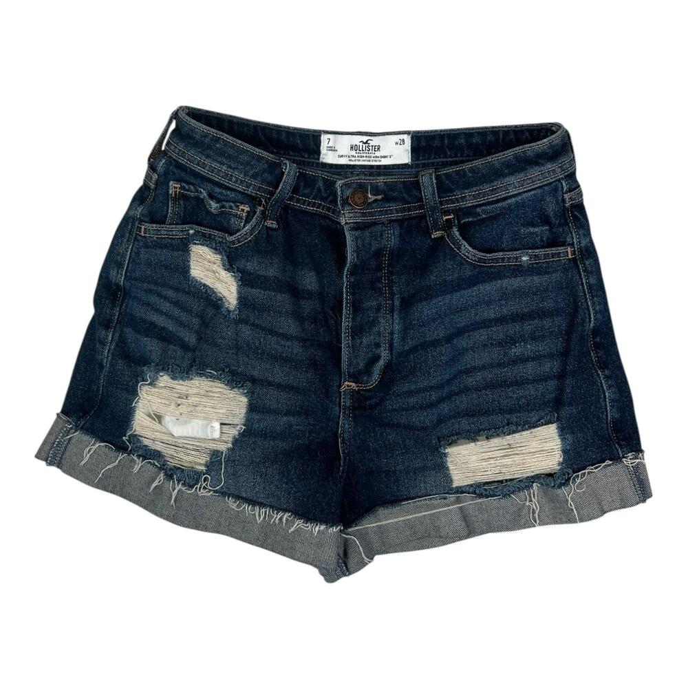 Hollister Shorts Women's 7 W28 Blue Curvy Ultra High Rise Mom Distressed Denim